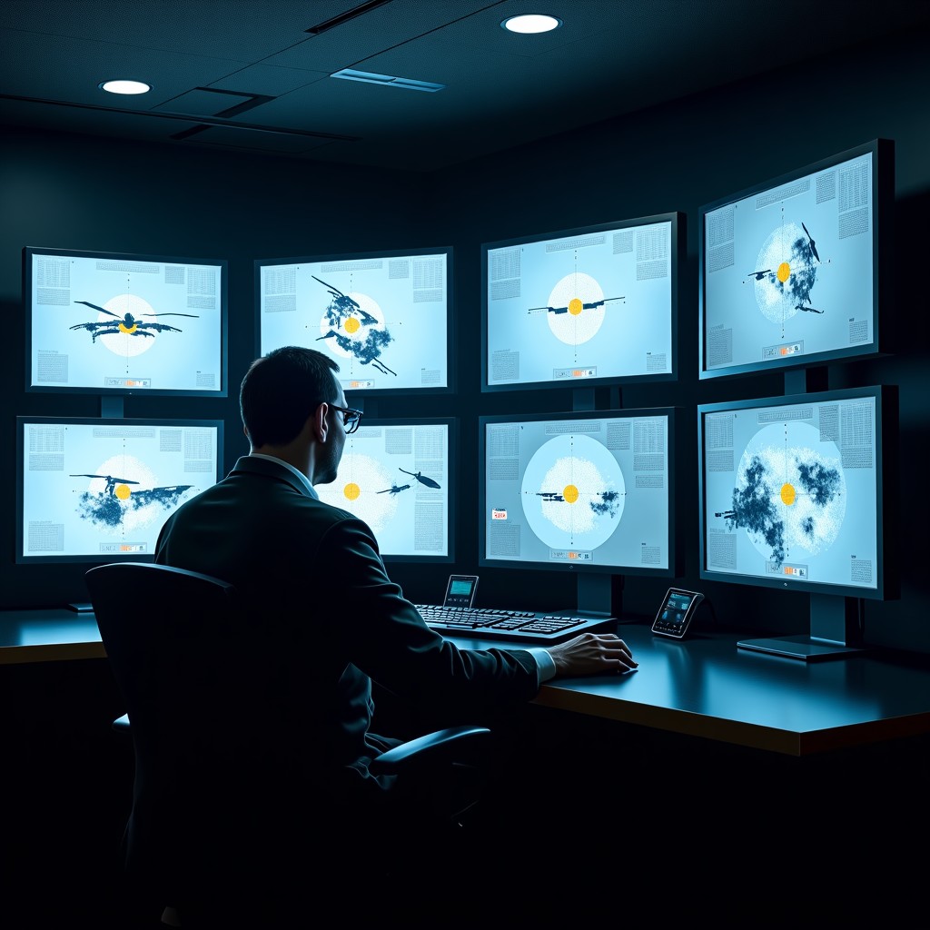 A realistic view of a tactical drone operator station with multiple monitors showing infrared target identification and AI-driven battle patterns, dark room, glowing screens, 4:3