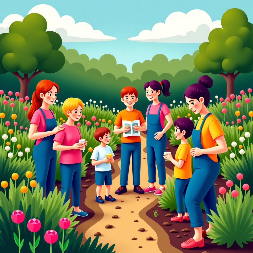 A diverse community garden where people of different ages are farming together. Vibrant colors and rich composition. 1:1