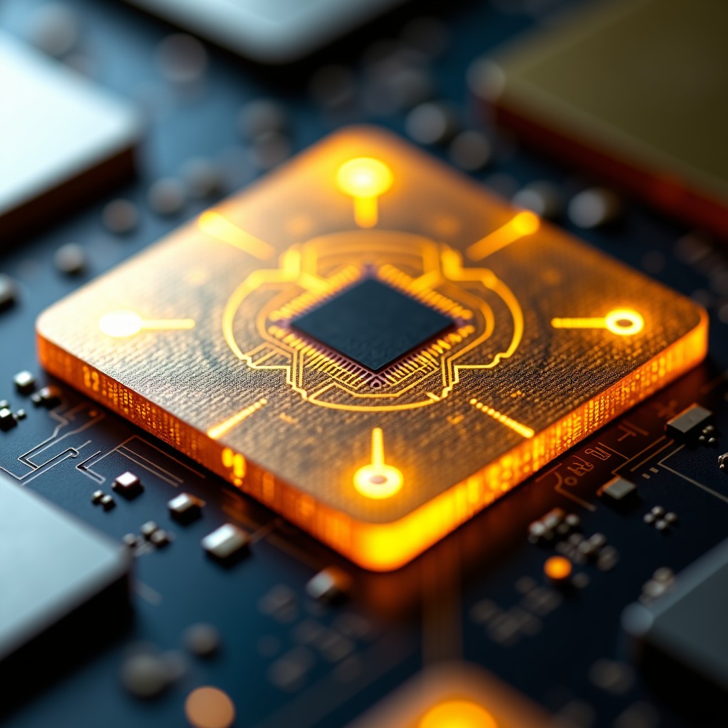 Macro photography of a semiconductor wafer with intricate patterns and metallic textures. Golden and silver highlights reflecting light. Technical and sophisticated mood. 1:1