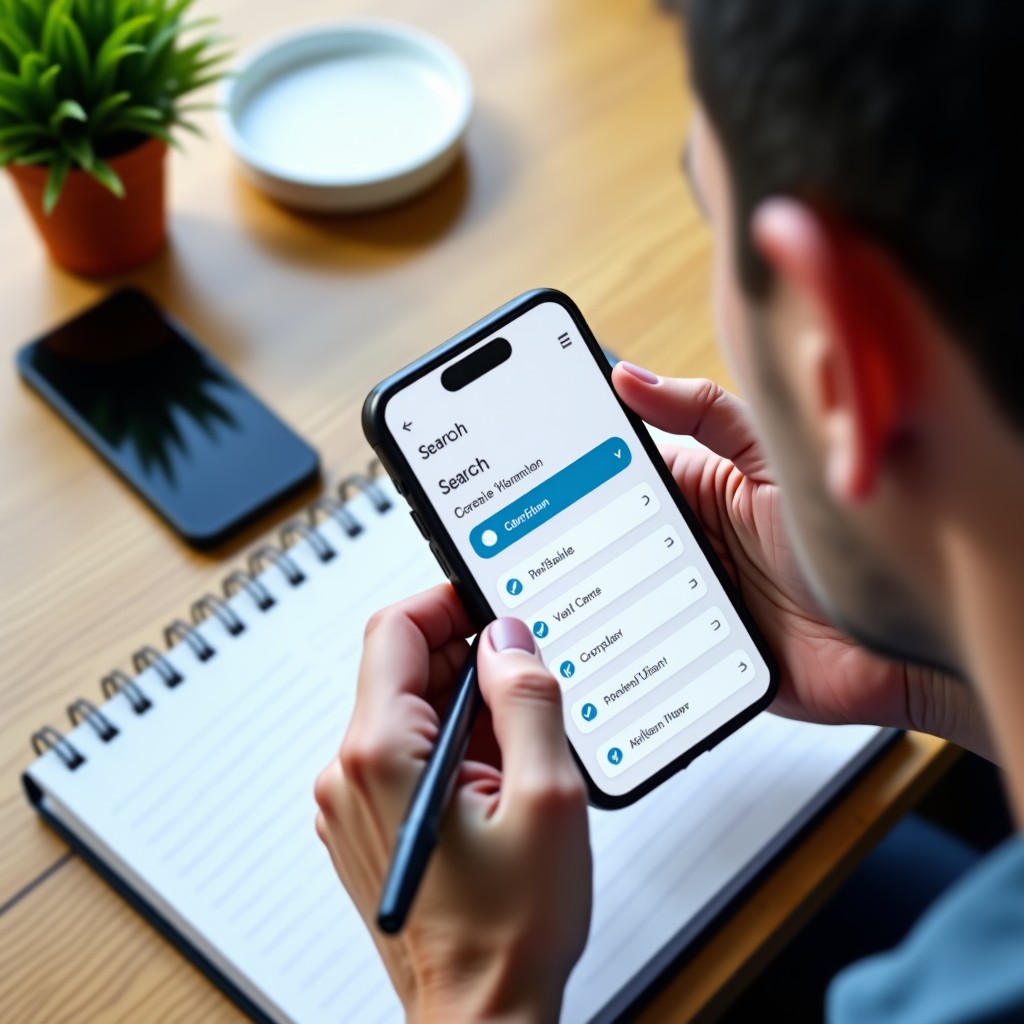 A top-down shot of a creative workspace. A smartphone and an open notebook are on the table. The smartphone screen shows a search interface with checkmark icons, symbolizing verification. A person is taking notes with a pen, looking focused and analytical. Natural morning light. 4:3