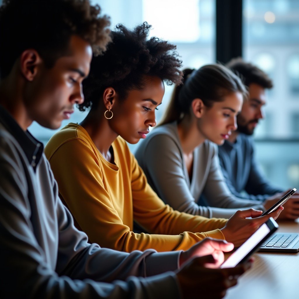 A group of diverse people using smartphones and tablets in a modern study environment, analyzing digital data with neutral expressions, warm soft lighting, 4:3 aspect ratio