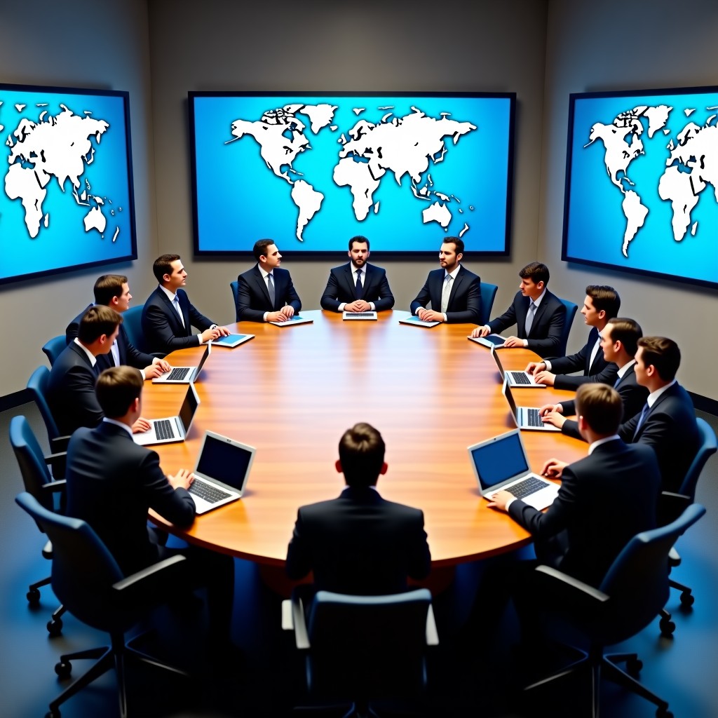 A high-angle shot of a group of diverse professionals in suits sitting around a large oval wooden table in a high-tech conference room. Large digital screens showing world maps and data are on the walls. Natural office lighting. 4:3