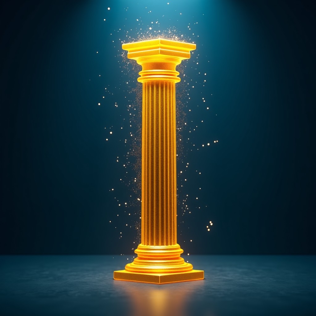 A symbolic representation of a digital neural network clashing with a heavy golden architectural pillar, tension, dark background with blue and gold lighting, cinematic atmosphere, 4:3