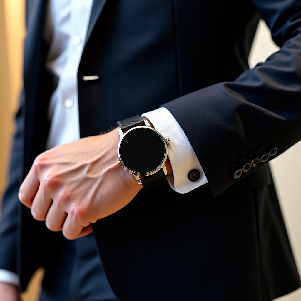 A sophisticated round smartwatch peeking out from a suit sleeve on a mans wrist professional business setting soft indoor lighting 4:3