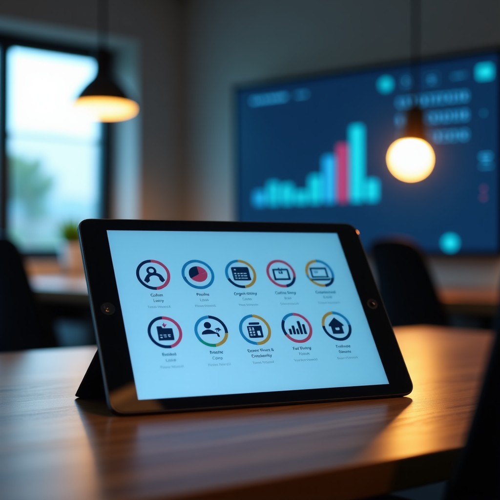 Modern workplace with a clean desk and a digital tablet showing simplified workflow icons, abstract representation of efficiency and growth, bright ambient lighting, 4:3 ratio.