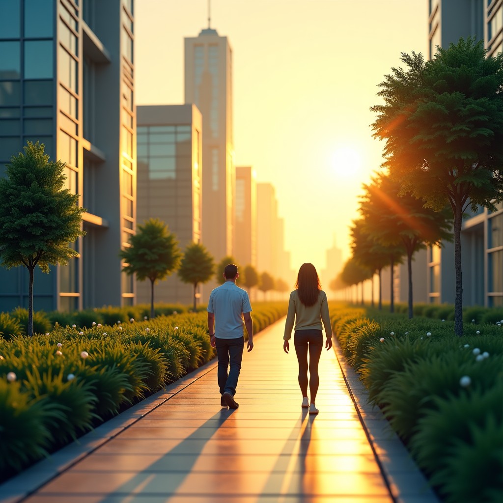 A futuristic city where humans and robots coexist peacefully, with lush greenery and clean architecture. Golden hour lighting, optimistic and peaceful mood, 4:3.