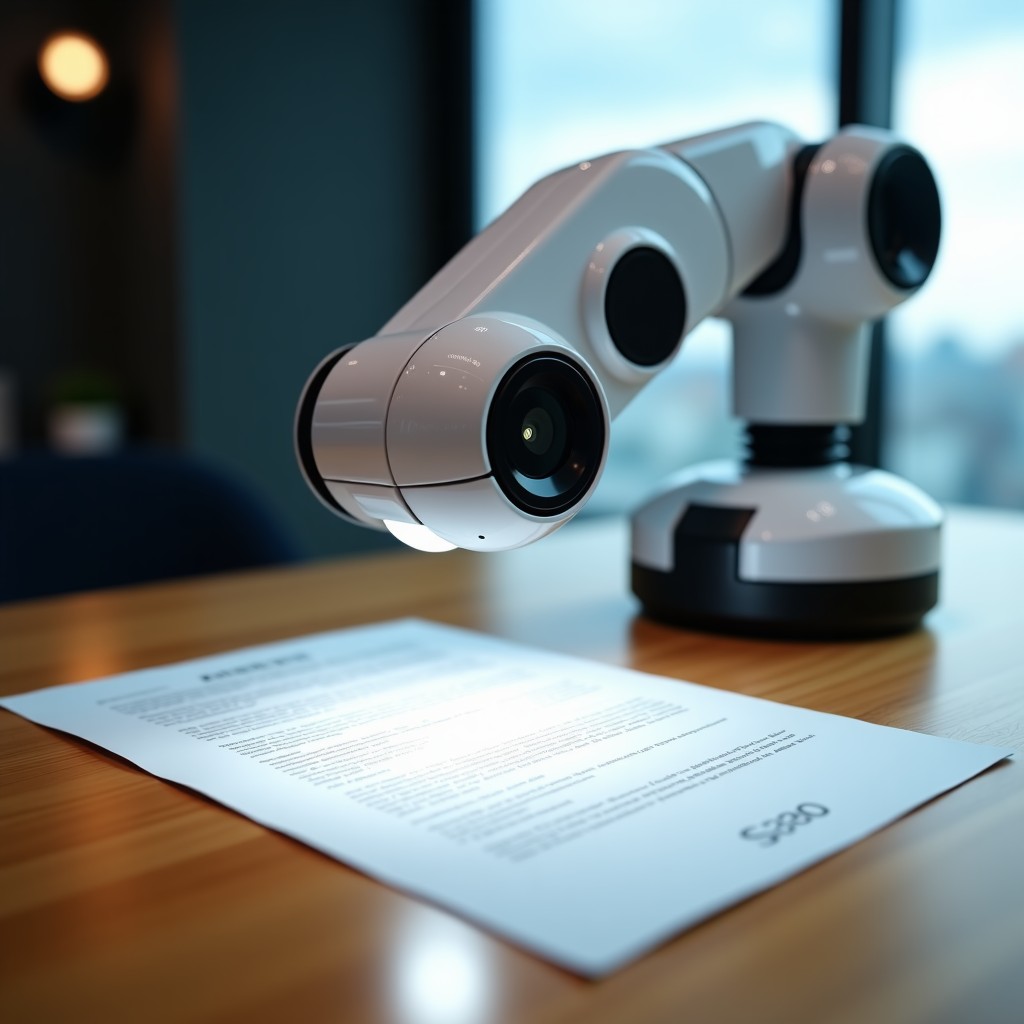 A high-tech robotic arm hovering over a physical paper document on a wooden desk. A small camera lens under its screen is scanning the text. Soft glow from the device, modern home office background. 4:3