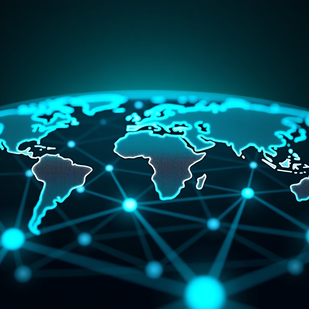 Futuristic abstract representation of a sustainable power grid, blue and green energy nodes, interconnected global network, high contrast, clean background, 4:3 aspect ratio.
