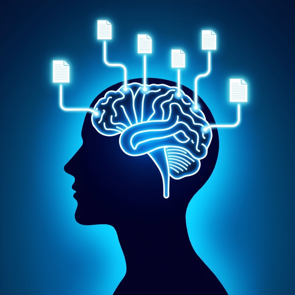 A conceptual illustration showing human brain connected to digital icons like documents and glowing links, gradient blue background, high contrast, artistic rendering, 4:3