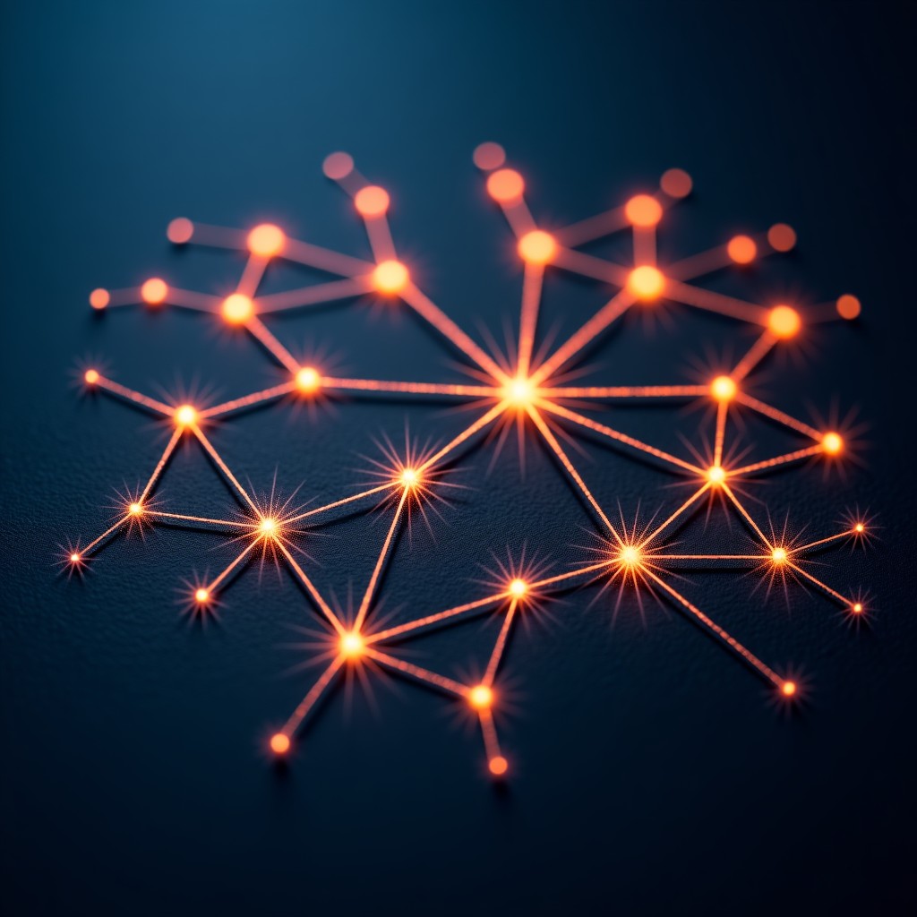 An artistic visualization of a digital neural network or mind map representing interconnected ideas and notes. Glowing nodes and lines on a dark textured background. 4:3