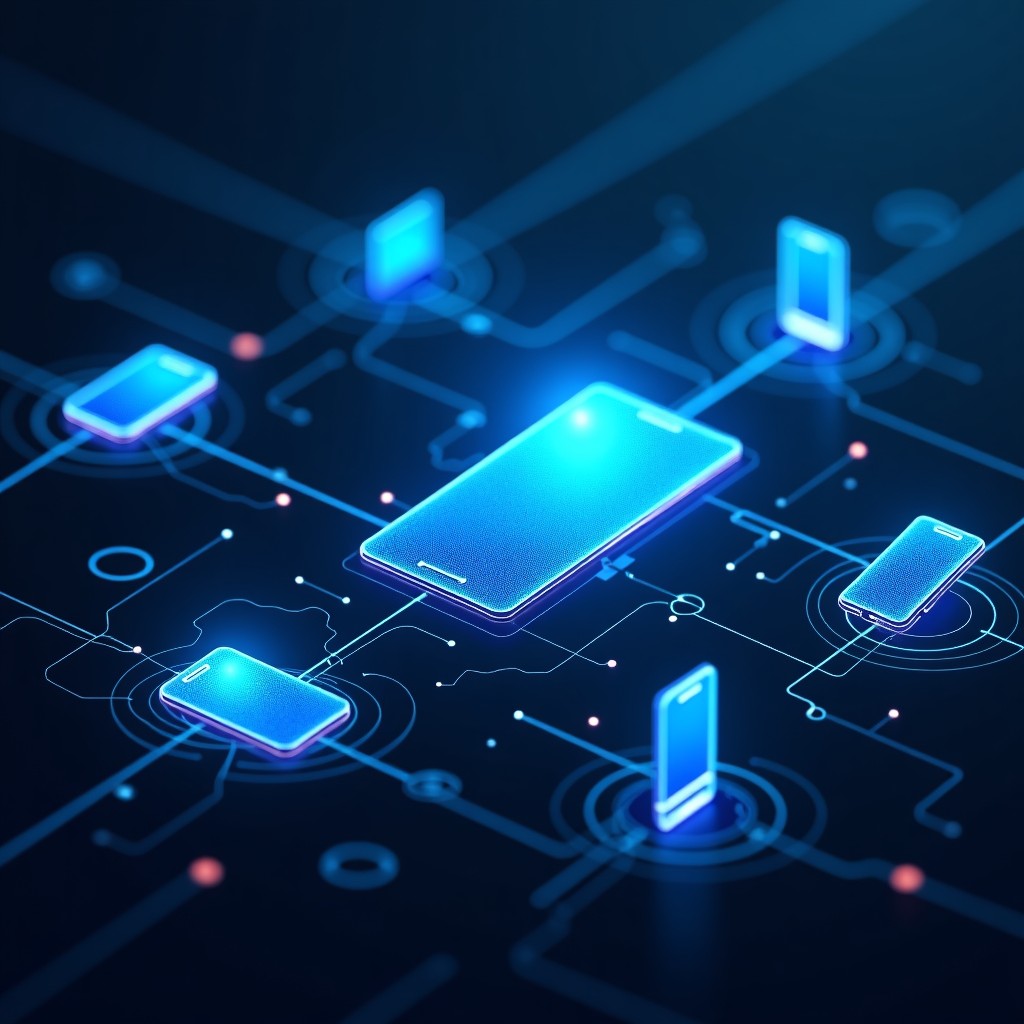 A futuristic digital art piece showing a network of connected smart devices including phones tablets and watches. Bright glowing lines connecting them on a dark abstract background. 1:1