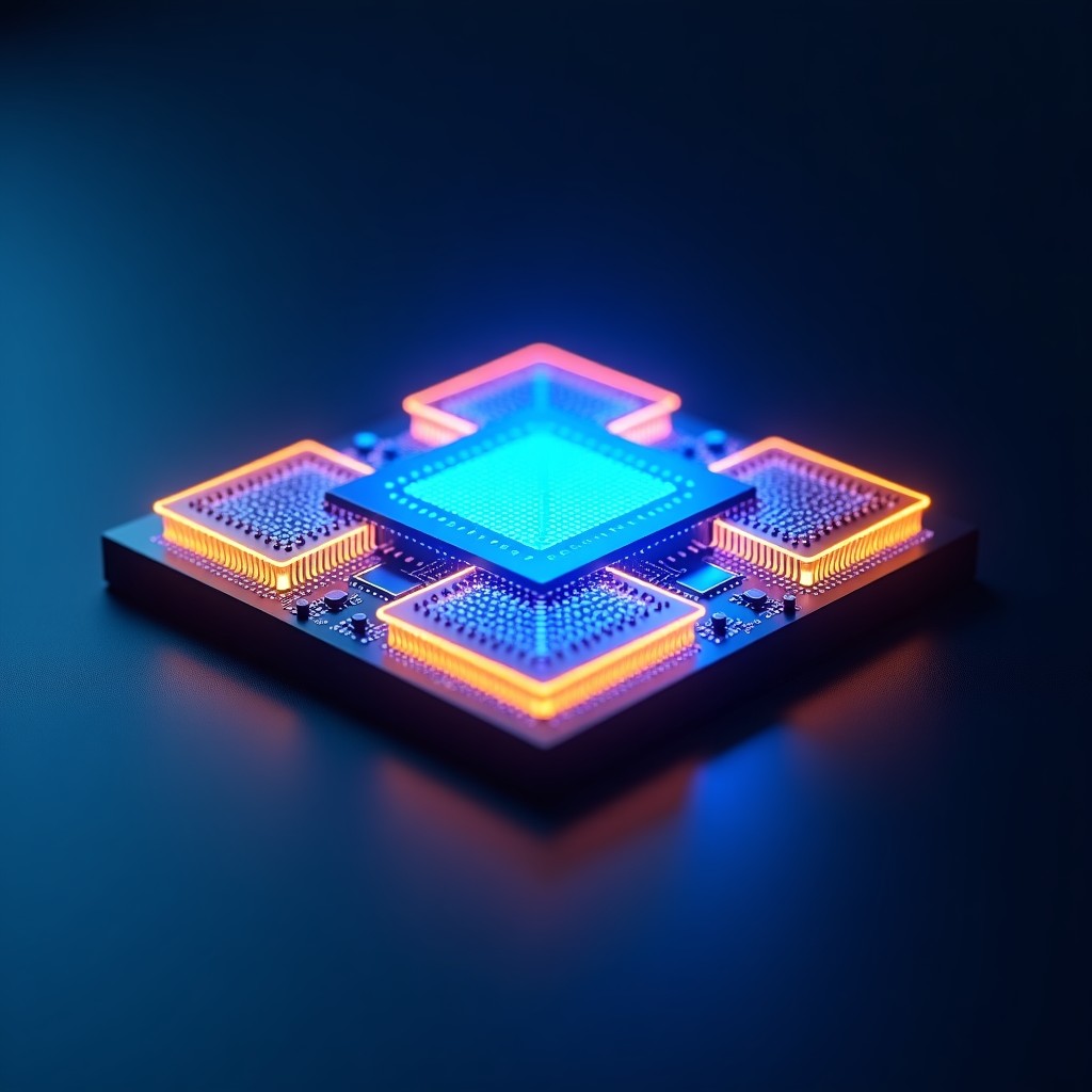 A futuristic and high-tech 3D render of a computer processor chip glowing with blue and gold light circuits. The architecture shows two distinct silicon dies joined together on a dark sleek surface. High-end professional aesthetic. 1:1