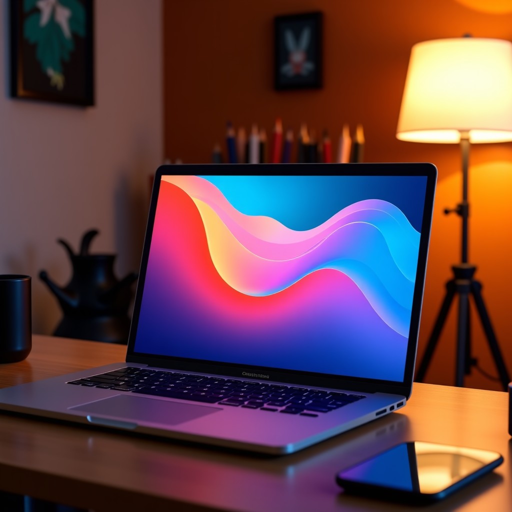 A high-end laptop display showing professional graphic design software with vibrant colors. The background is a warm lifestyle studio setting with artistic tools. Soft lighting, realistic photography, 4:3
