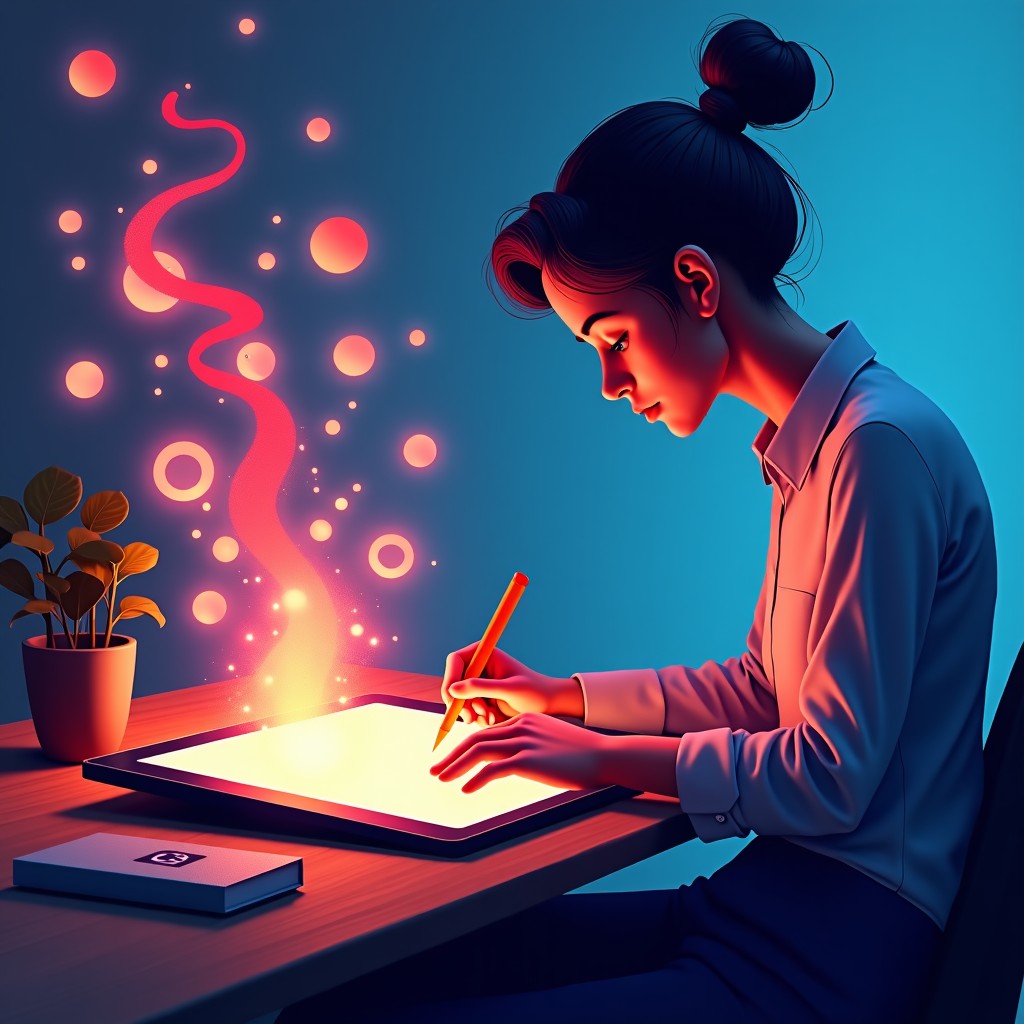 An artist or designer sketching on a digital tablet, with vibrant light trails and abstract shapes floating around to represent creative flow and AI assistance. Artistic rendering, textured background. 4:3