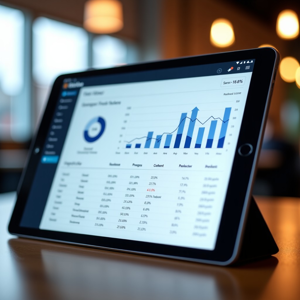 A professional tablet screen showing a clean analytics dashboard with growth trends and financial icons, soft ambient office lighting, realistic style, 16:9 ratio.