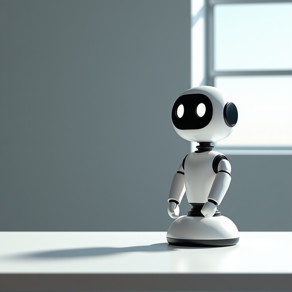 A small, sleek white robotic arm on a minimalist office desk. The arm has a round screen at the end displaying expressive cartoon puppy eyes. The base is circular and modern. Professional office lighting, clean aesthetic. 4:3