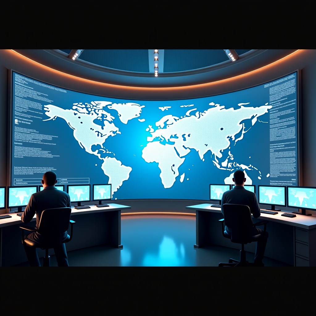 A futuristic military command center with large holographic displays showing global maps and data streams. High-tech environment with soft blue and amber lighting. Professional atmosphere with military personnel monitoring screens. Hyper-realistic cinematic style. 4:3