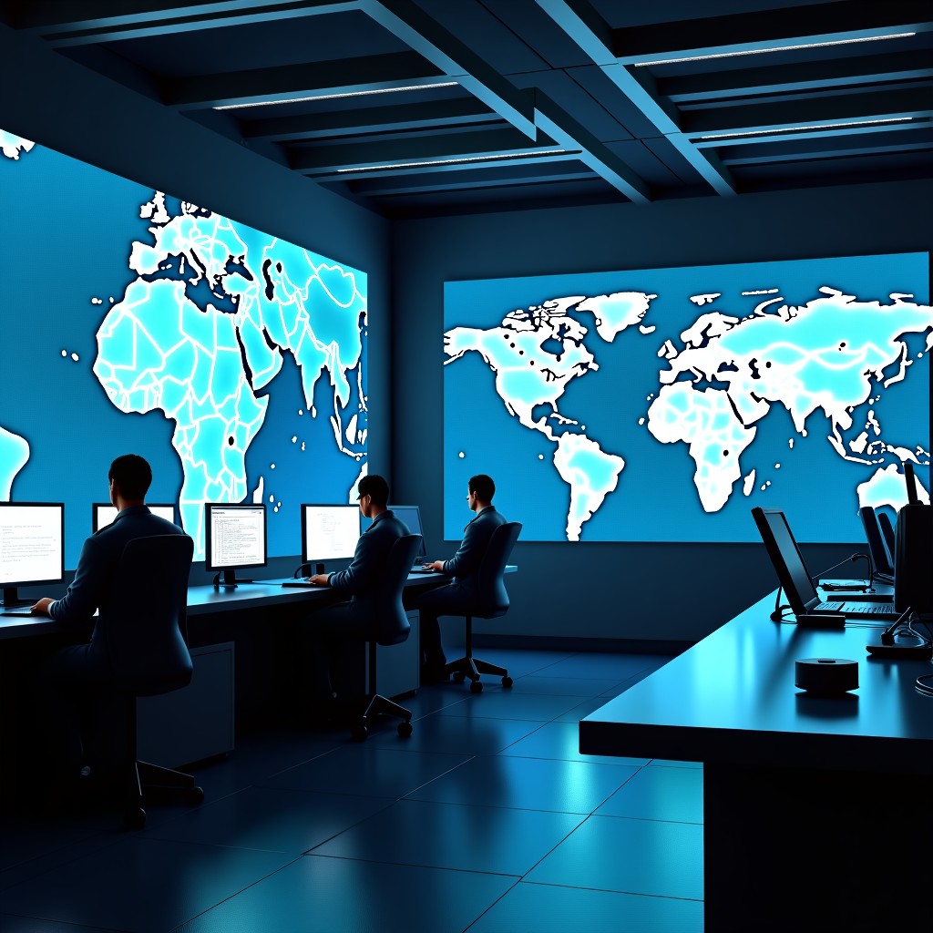 A high-tech military command center with large holographic displays showing maps of the Middle East and complex data streams of an AI interface, cinematic lighting, professional atmosphere, 4:3
