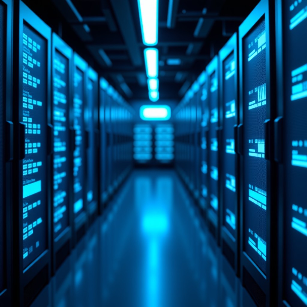 A futuristic server room with glowing blue interface lights, complex technological atmosphere, depth of field, high-tech industrial aesthetic, 4:3 ratio