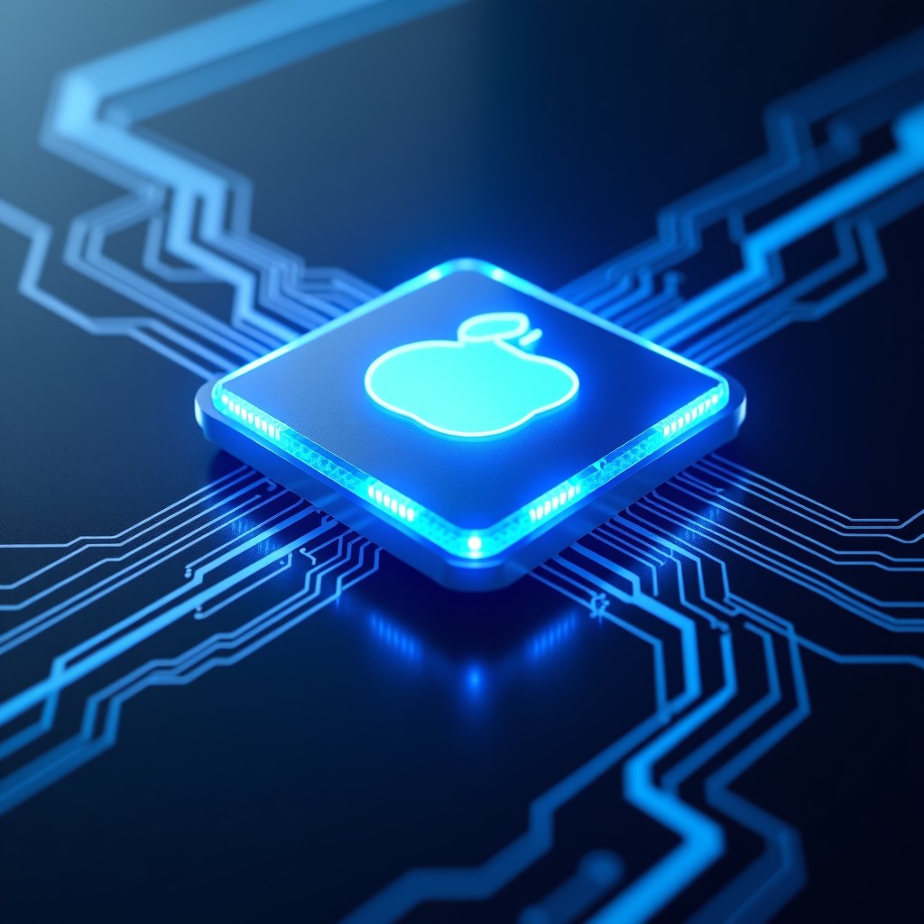 A futuristic and high-tech illustration of the Apple M5 chip with glowing circuits and high-performance super cores. The background is a deep metallic blue with subtle light effects to emphasize speed and power. 4:3