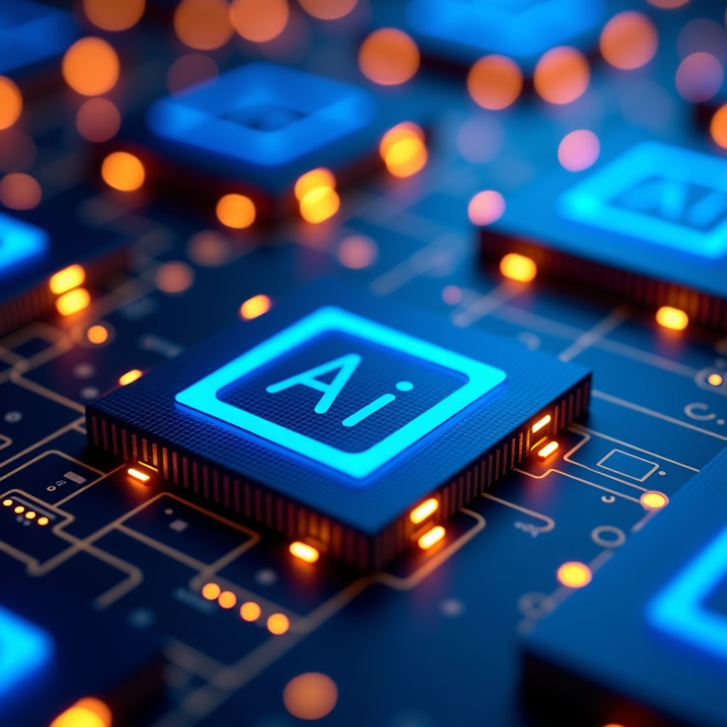 Close-up of advanced AI GPU chips with glowing blue and gold circuits, highly detailed semiconductor architecture, professional tech photography, 4:3