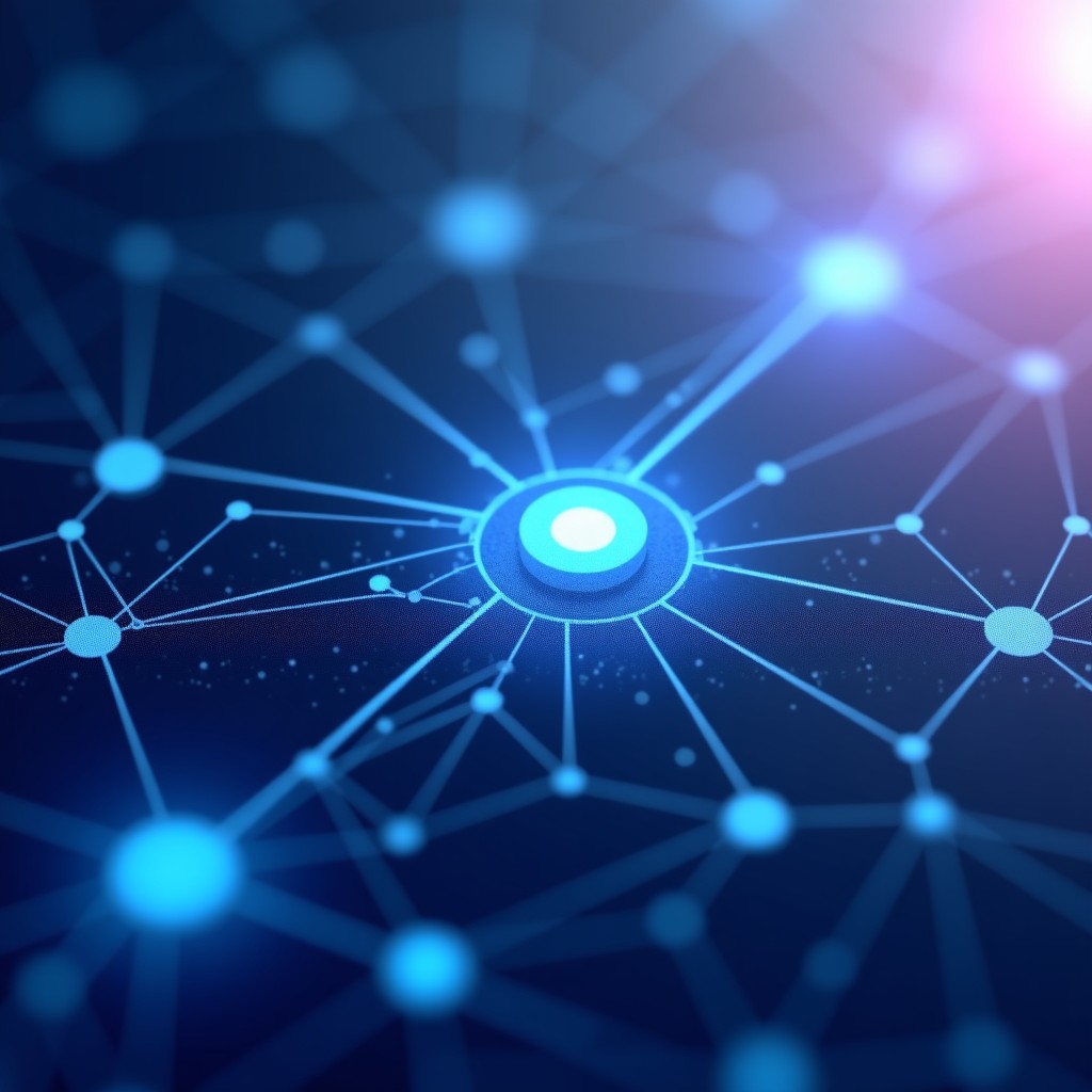 Modern abstract visualization of interconnected neural networks and data flows in a clean high-tech environment with a soft blue and purple gradient background, 4:3