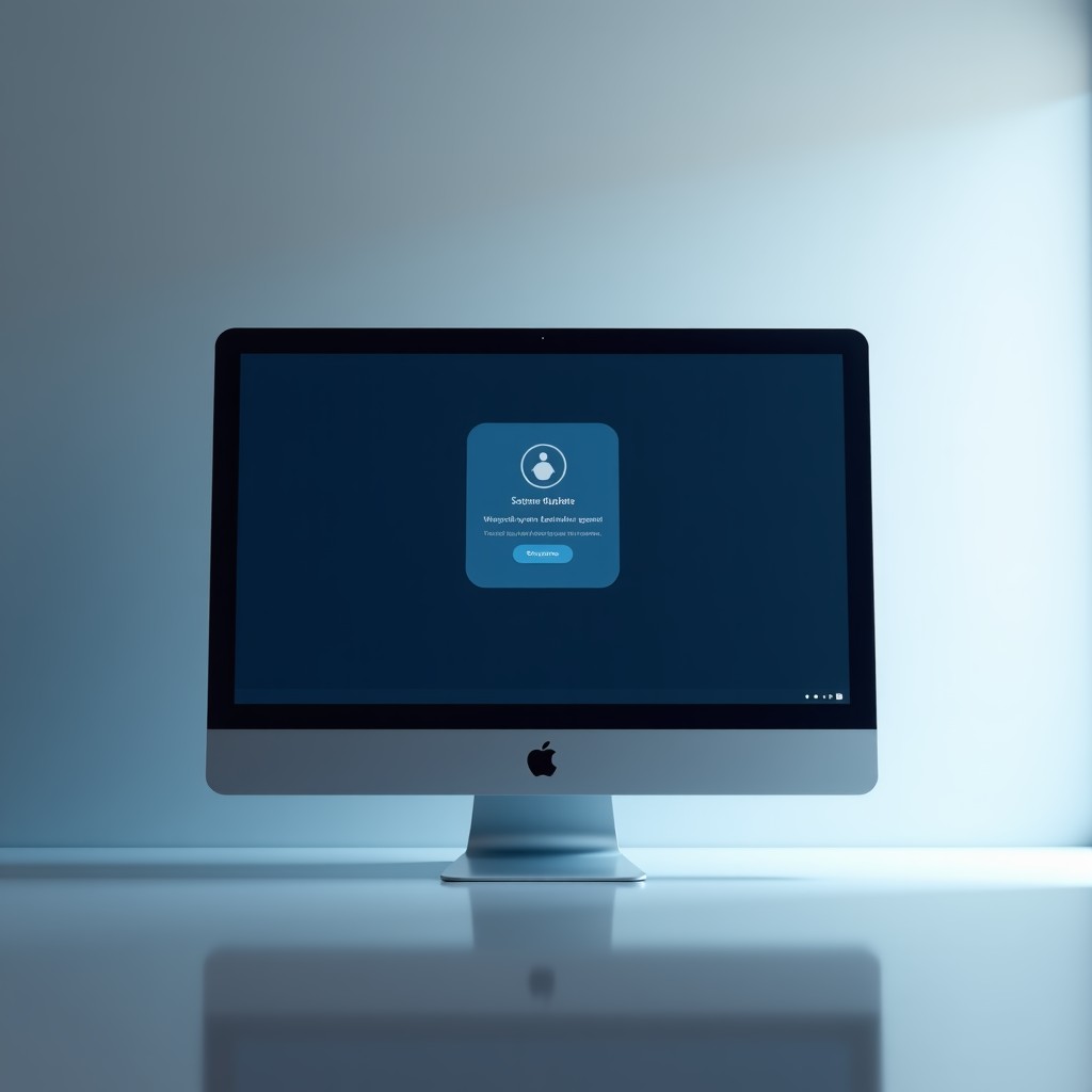 A clean, modern computer screen displaying a software update notification interface, soft blue and gray gradient background, cinematic lighting, 4:3 aspect ratio.