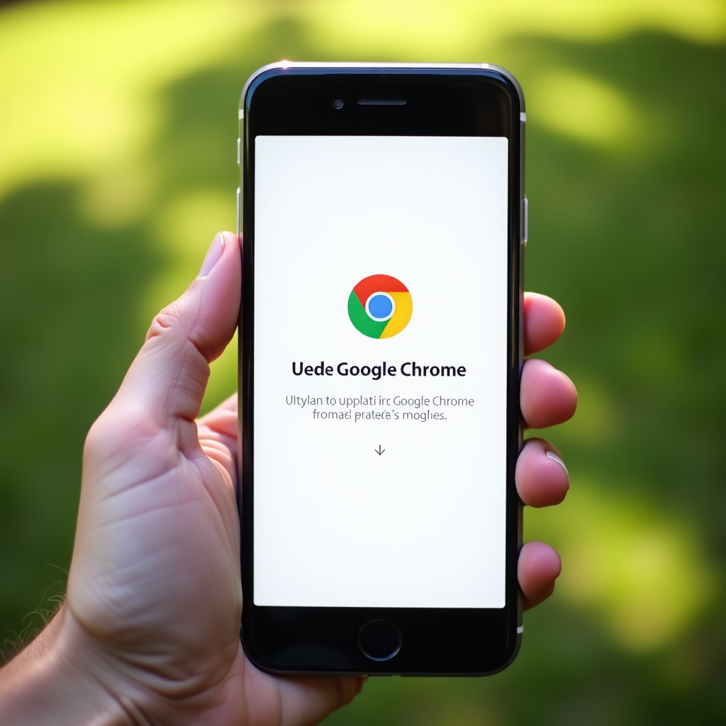 A hand holding a modern smartphone showing the Google Chrome app update completion screen, soft outdoor natural light, high quality photography, 4:3