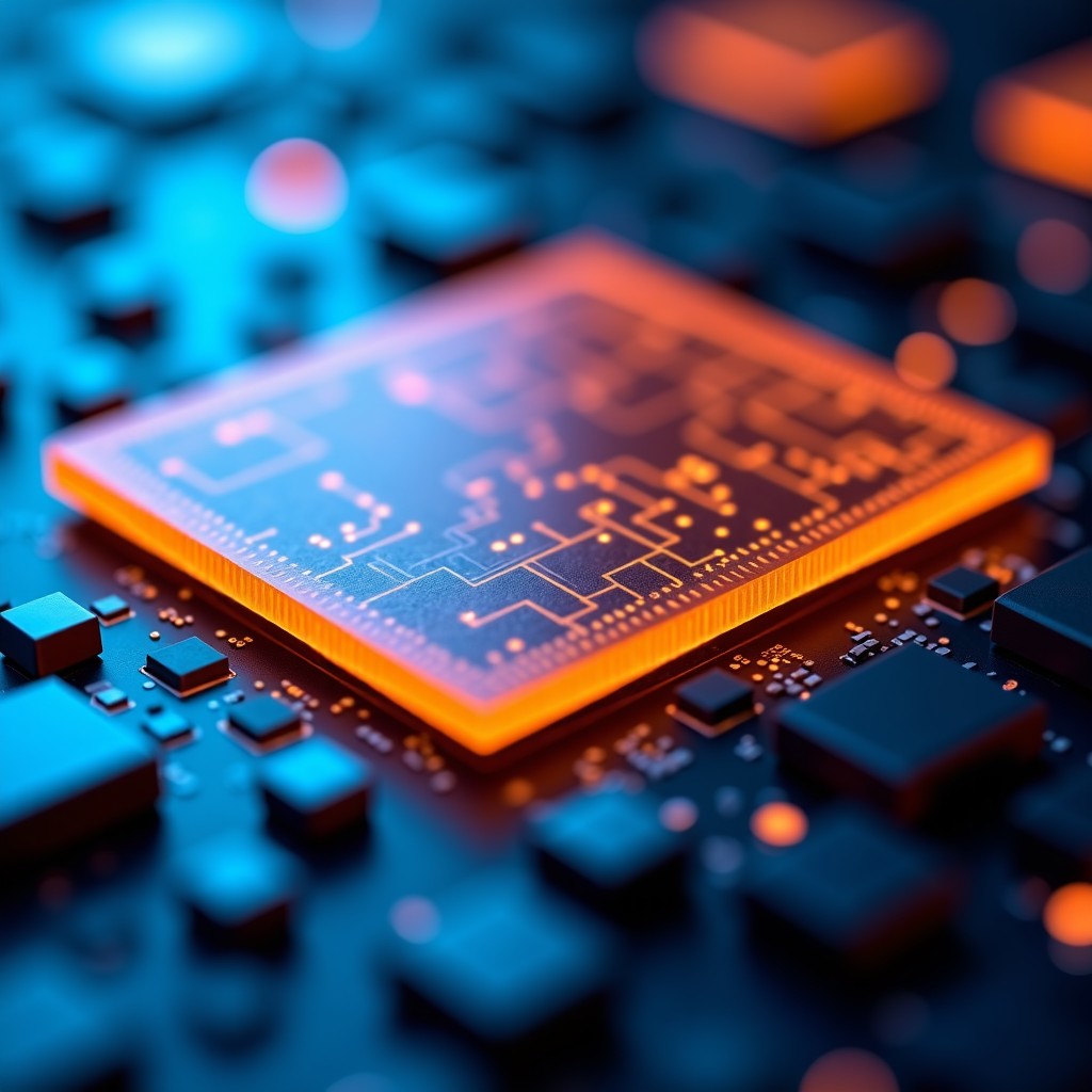 A high-tech closeup of a semiconductor silicon wafer with intricate microchip patterns under blue and orange studio lighting, cinematic macro photography, 4:3