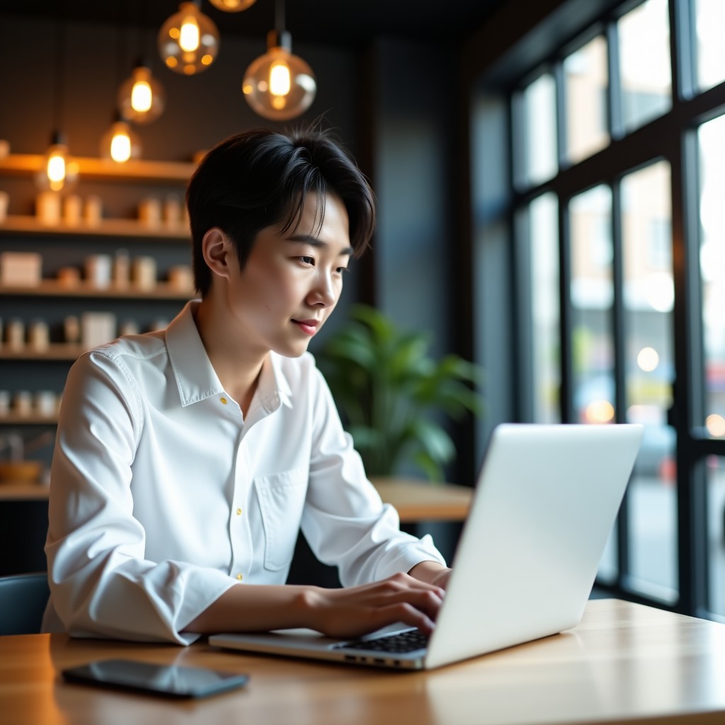 A professional South Korean individual working on a slim silver laptop in a modern urban cafe. The person is focused on the screen, showing a creative project. The background is softly blurred with a stylish interior. Natural lighting, lifestyle vibe, 4:3
