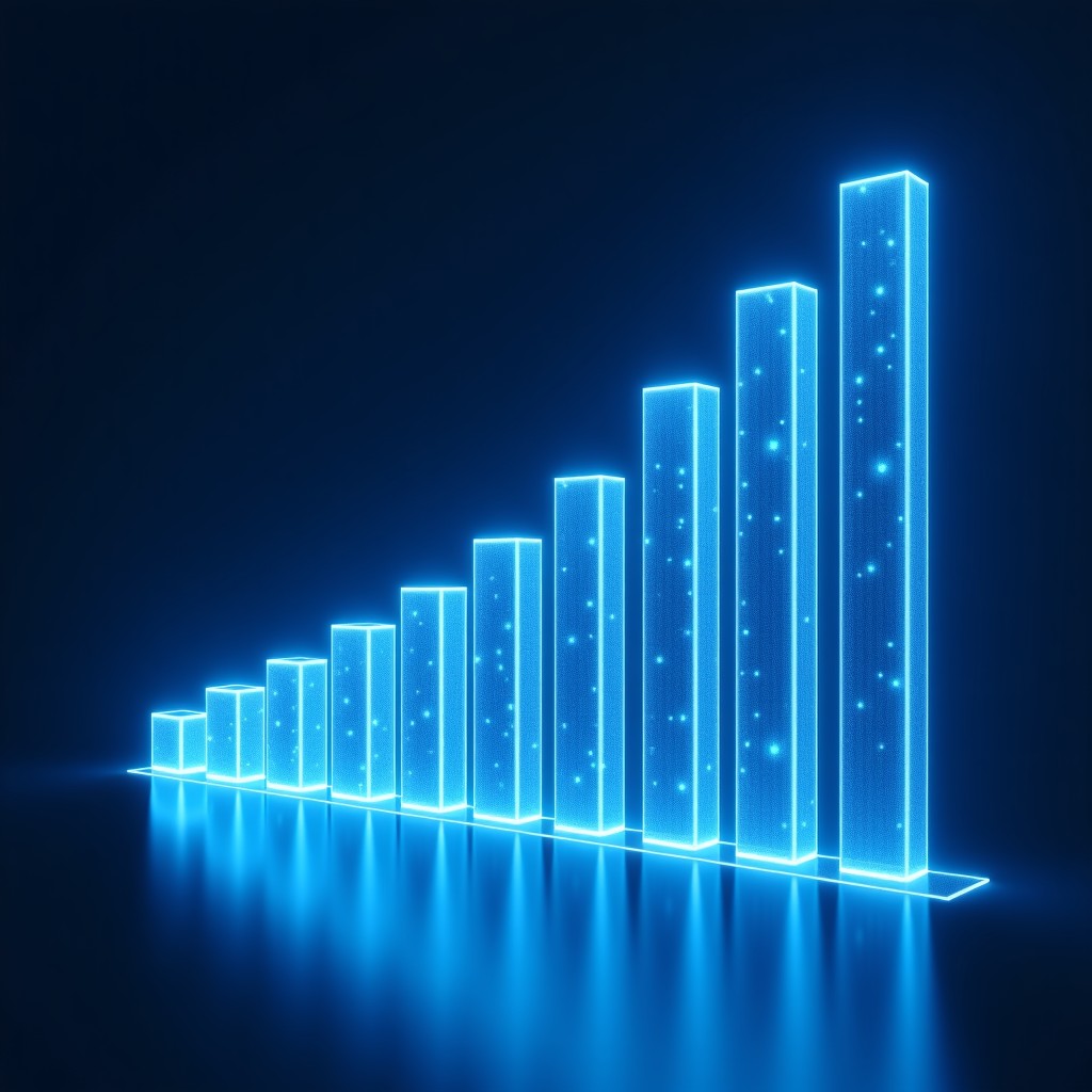 A high-tech digital dashboard showing a financial growth chart hitting the 2 billion dollar mark, futuristic blue and white theme, sleek corporate aesthetic, high quality 3D rendering, 4:3