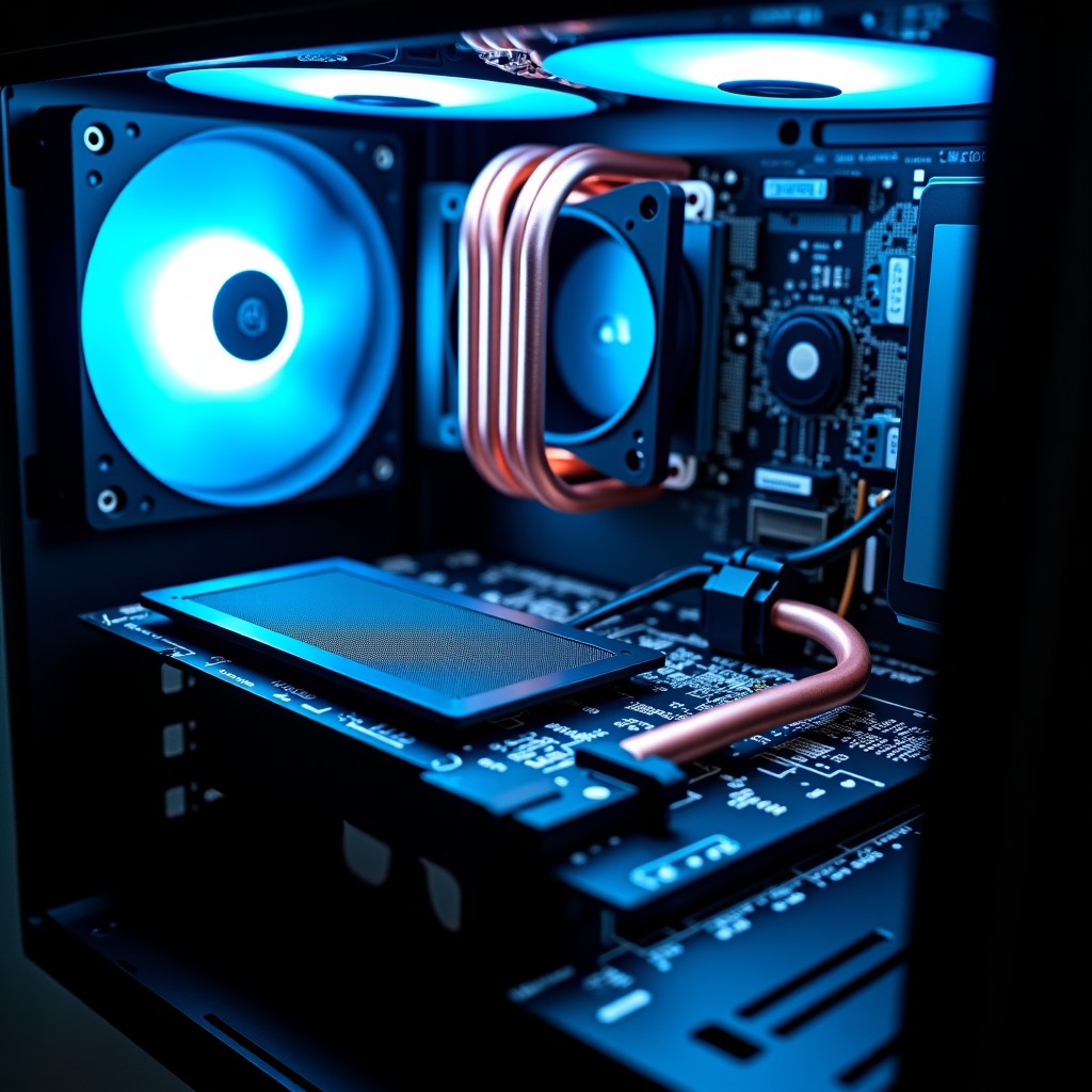 A detailed view of computer hardware components inside a case, cooling fans, copper heat pipes, integrated circuits, futuristic tech feeling, professional studio lighting. 4:3