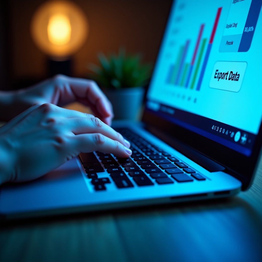 A close up high angle shot of a person using a sleek laptop to click an Export Data button on a website interface with soft blue lighting and a professional atmosphere. 4:3