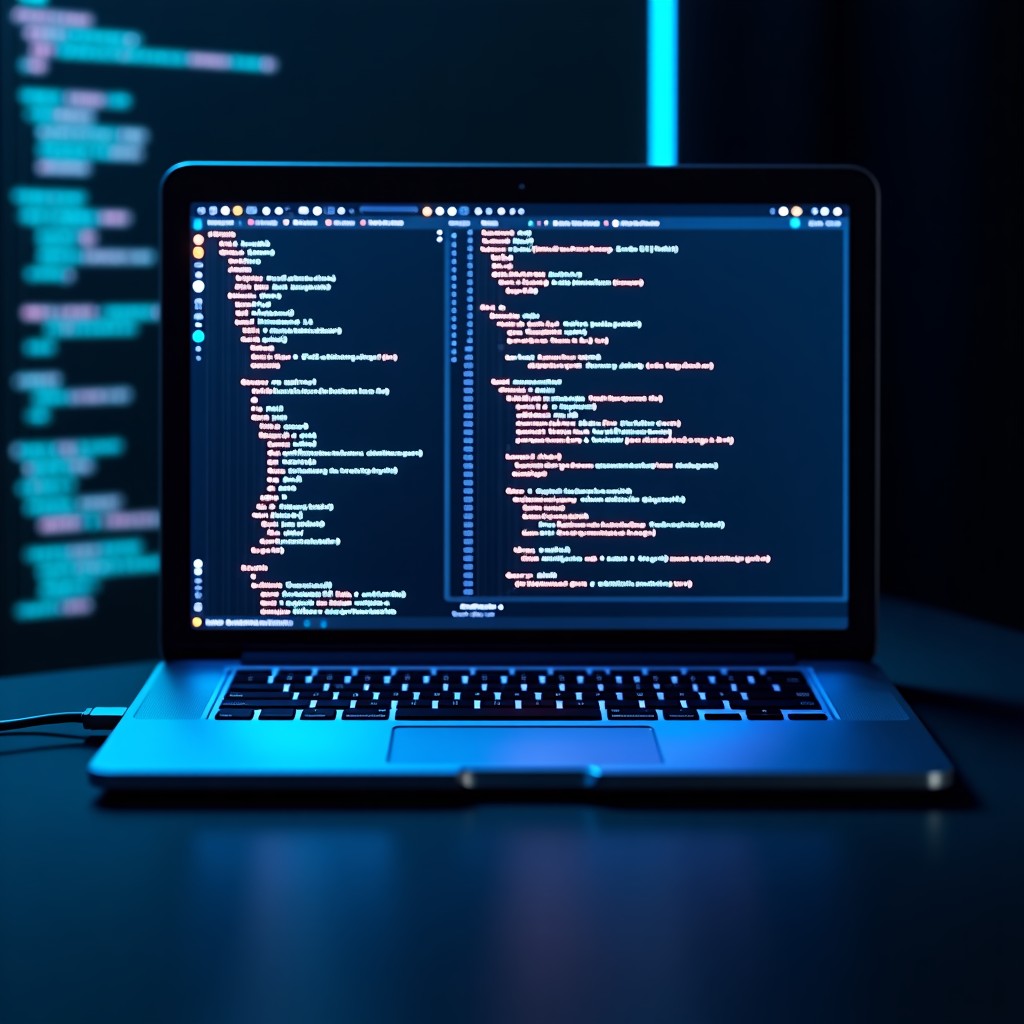 Modern software development workspace with glowing code blocks on a dark screen, futuristic design, high quality, 4:3