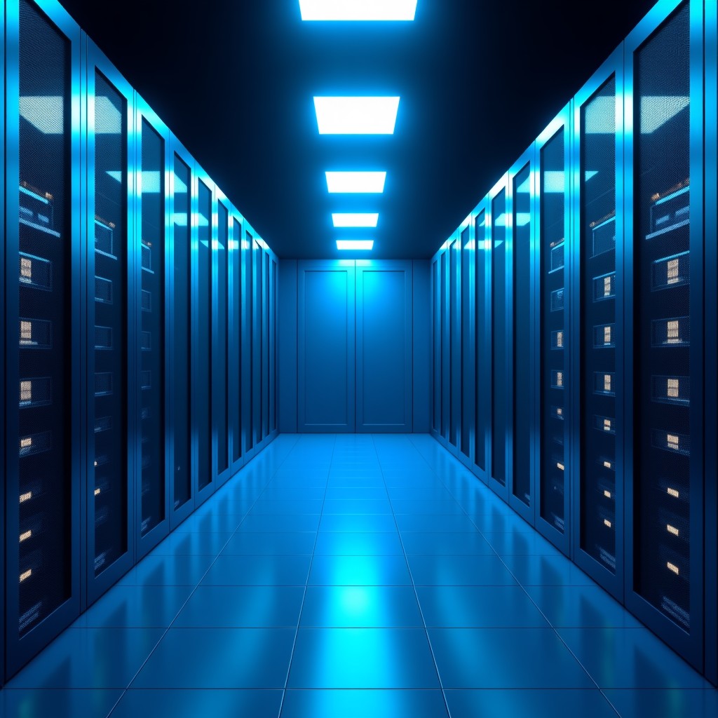 High-tech server room with glowing blue light, digital data streams representing cloud API security layers, clean and modern layout, 4:3