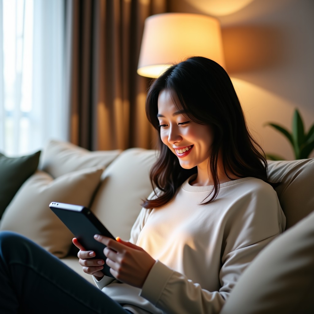A Korean woman sitting on a cozy sofa using a tablet to browse interior design ideas. She looks inspired and happy. Soft indoor lighting, aesthetic living room background. 4:3