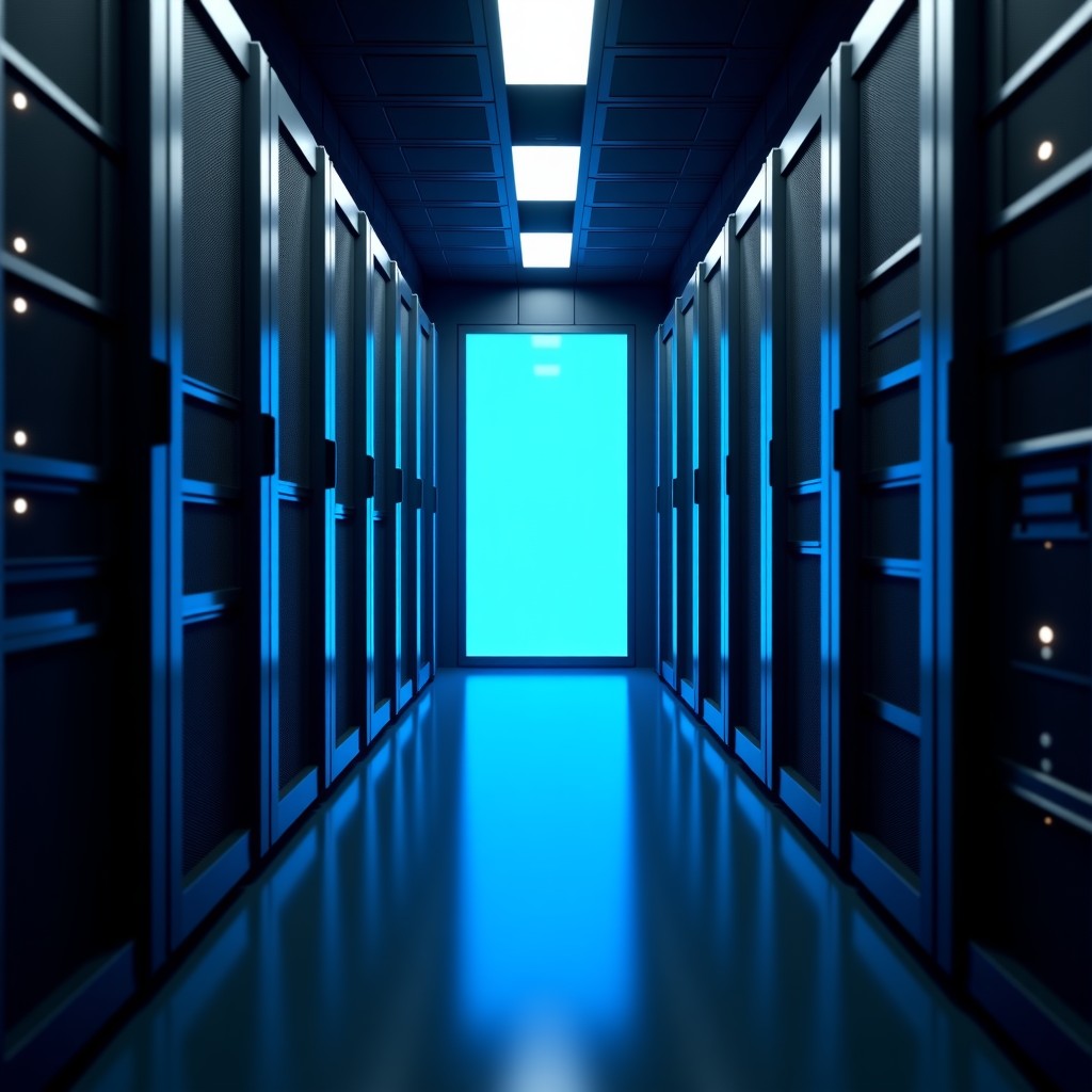 A dark room with many servers and a glowing blue light representing artificial intelligence, suggesting an uncontrollable and powerful force. Hyper-realistic, professional photography, 4:3.