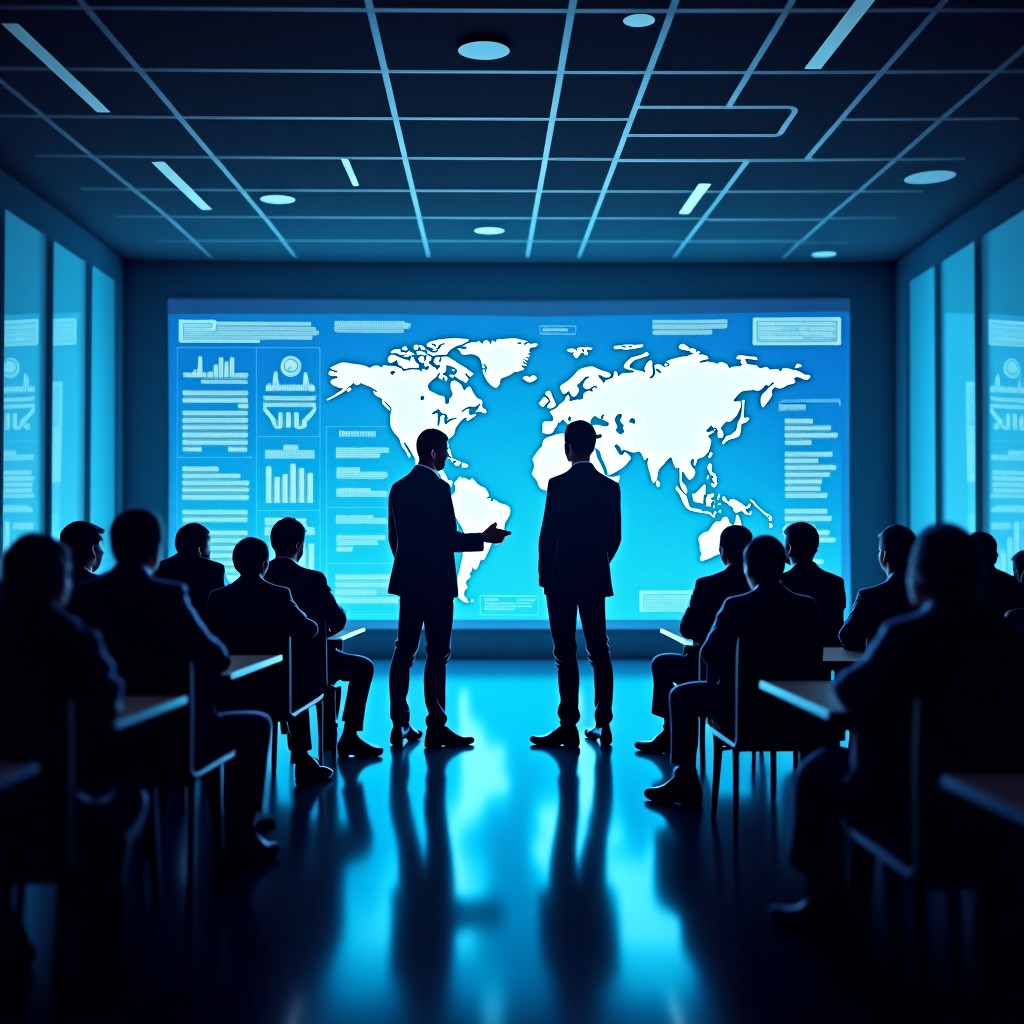 A dynamic scene of venture capitalists in a high-end corporate boardroom, looking intensely at digital displays of data and AI models. The lighting is dramatic, emphasizing the competitive and fast-paced nature of the deal-making process. 4:3