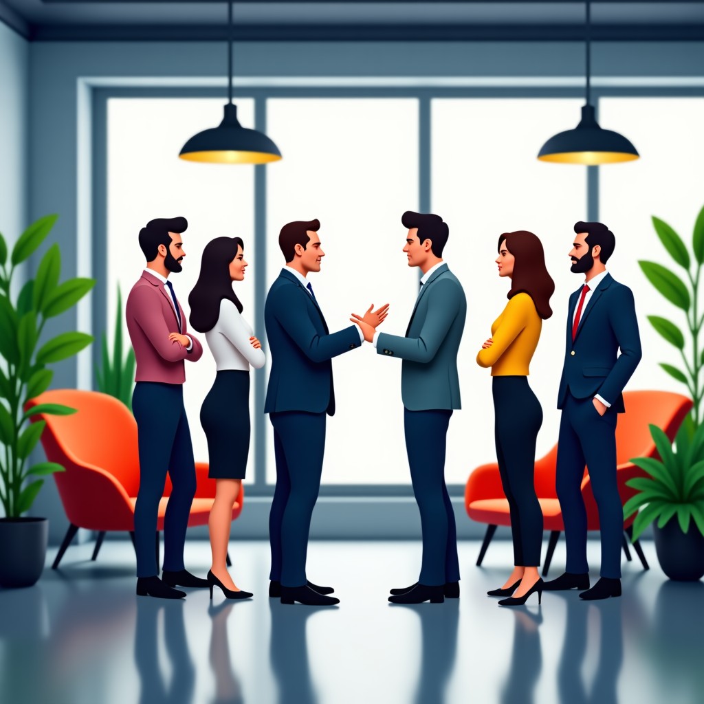 A group of professionals discussing project strategy in a modern office with colorful accents, realistic style, 1:1