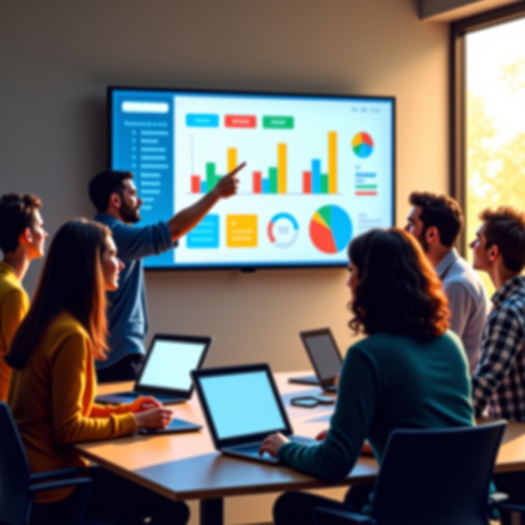A diverse team of professional colleagues working together in a bright, modern meeting room. Some are looking at a laptop screen while others are pointing at a large wall-mounted display showing a colorful project management interface. Warm lighting, natural setting. 4:3