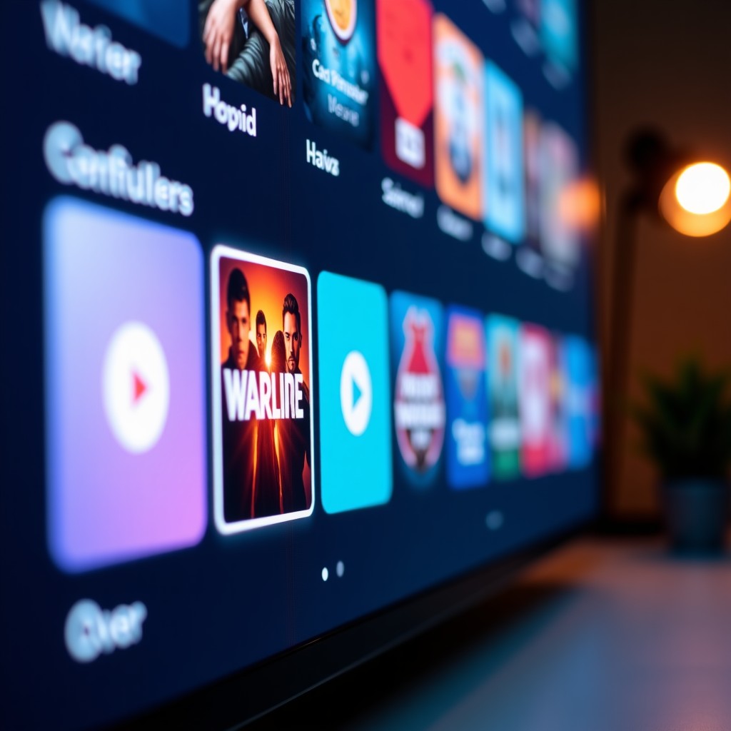 Close up shot of a smart TV screen displaying a modern, clean streaming service interface with vibrant movie posters, bright and balanced lighting, 4:3