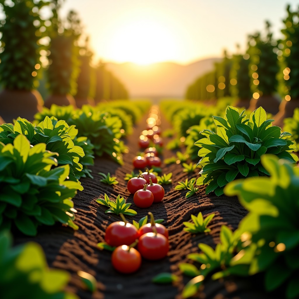 A wide shot of a lush sustainable farm with various types of vegetables and fruits. Golden hour sunlight. 4:3