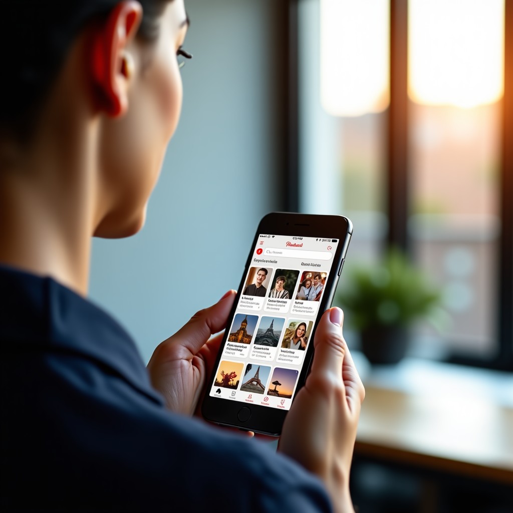 A modern office interior with a person using a smartphone showing a vibrant visual search app interface similar to Pinterest. High quality lifestyle photography, warm natural lighting, professional atmosphere. 4:3