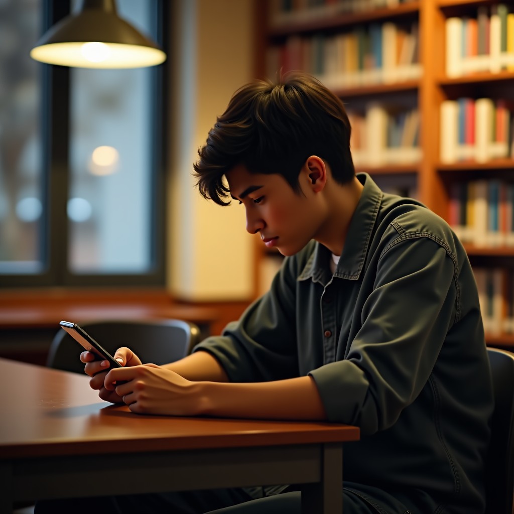 A teenage student sitting in a school library, looking thoughtful while interacting with a smartphone, warm natural light, cinematic atmosphere, no text, 4:3