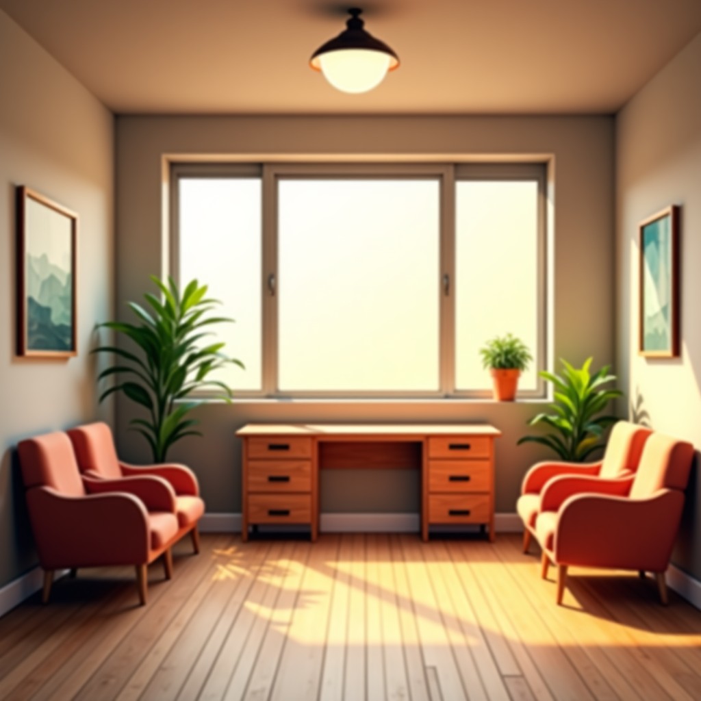 An empty school counseling office, cozy and safe atmosphere, warm lighting, wooden furniture, minimalist design, 4:3