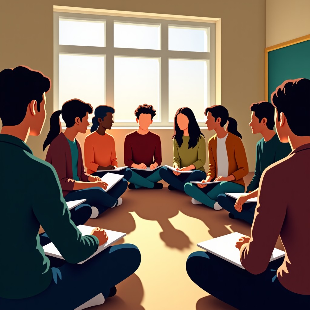A diverse group of high school students sitting in a circle in a sunlit classroom, engaged in a passionate discussion. No laptops or phones visible, only notebooks and printed books. Warm and inspiring atmosphere, 4:3