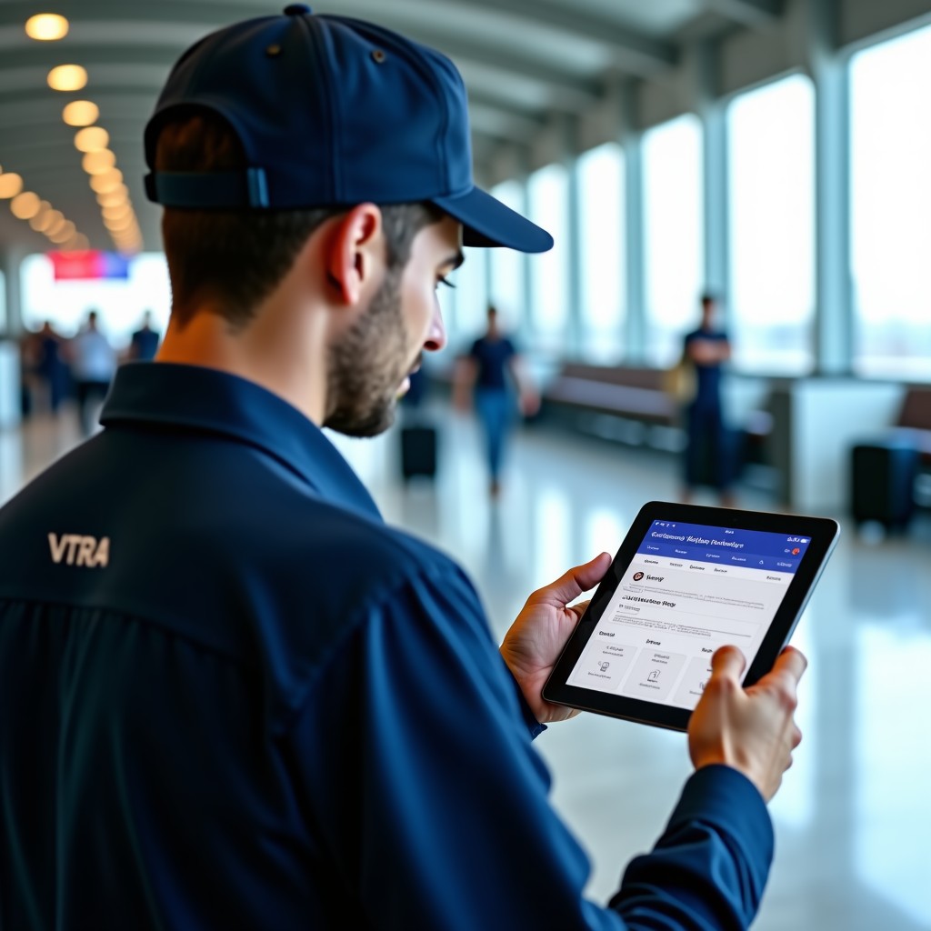 An airline ground staff member in uniform looking at a digital tablet showing a luggage tracking interface with a secure URL link. A suitcase is visible nearby. Realistic photography, professional lighting, 4:3