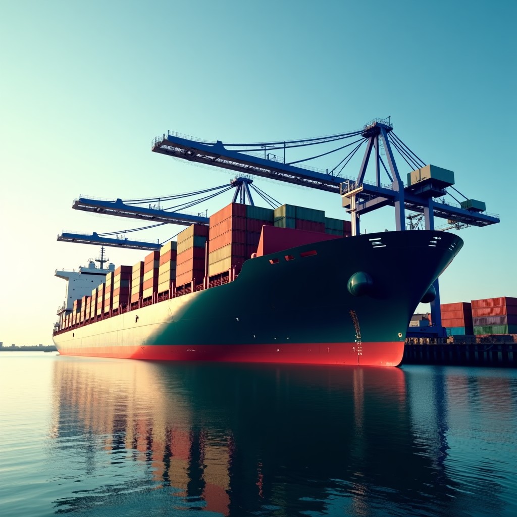 A massive cargo ship loaded with colorful containers at a busy port with large cranes. Realistic photography with natural lighting 4:3