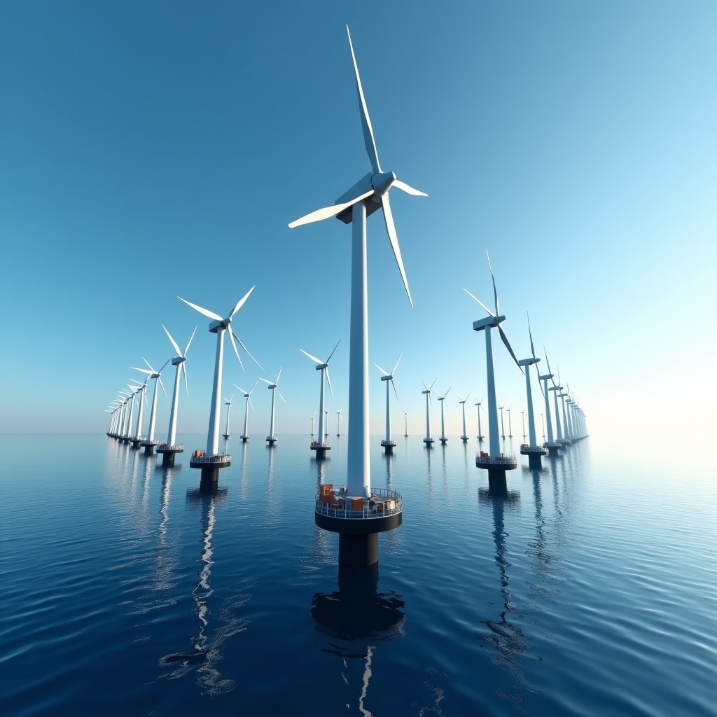 Wide angle shot of a massive offshore wind farm with futuristic data center hubs integrated at the base of each turbine, clear blue sky, cinematic style, 4:3