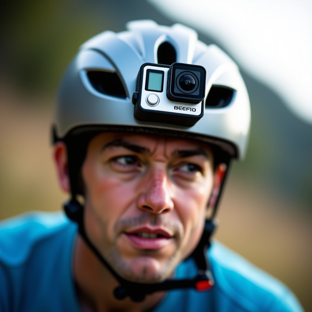 A person wearing a sports helmet with a tiny action camera attached to the front during an outdoor activity. Focus on the compact camera device. High contrast lighting. 1:1